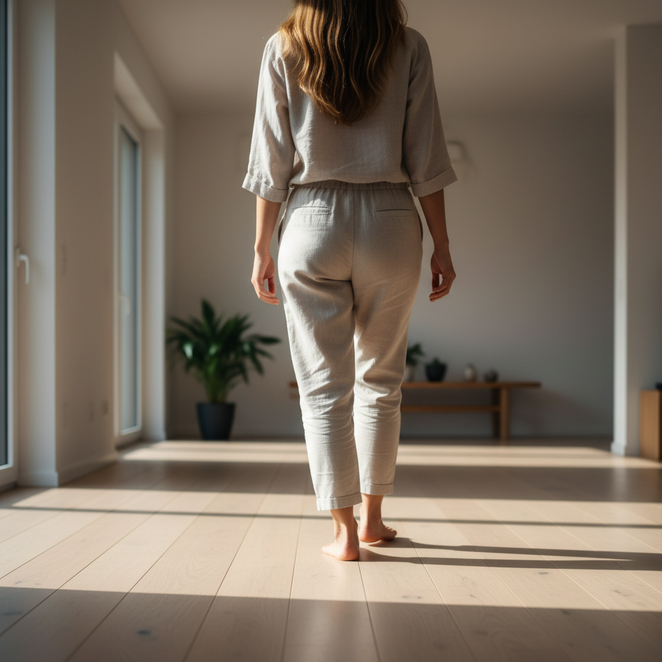 Mulher andando descalça em casa, desfrutando da sensação de um lar limpo e seguro que promove o bem-estar.