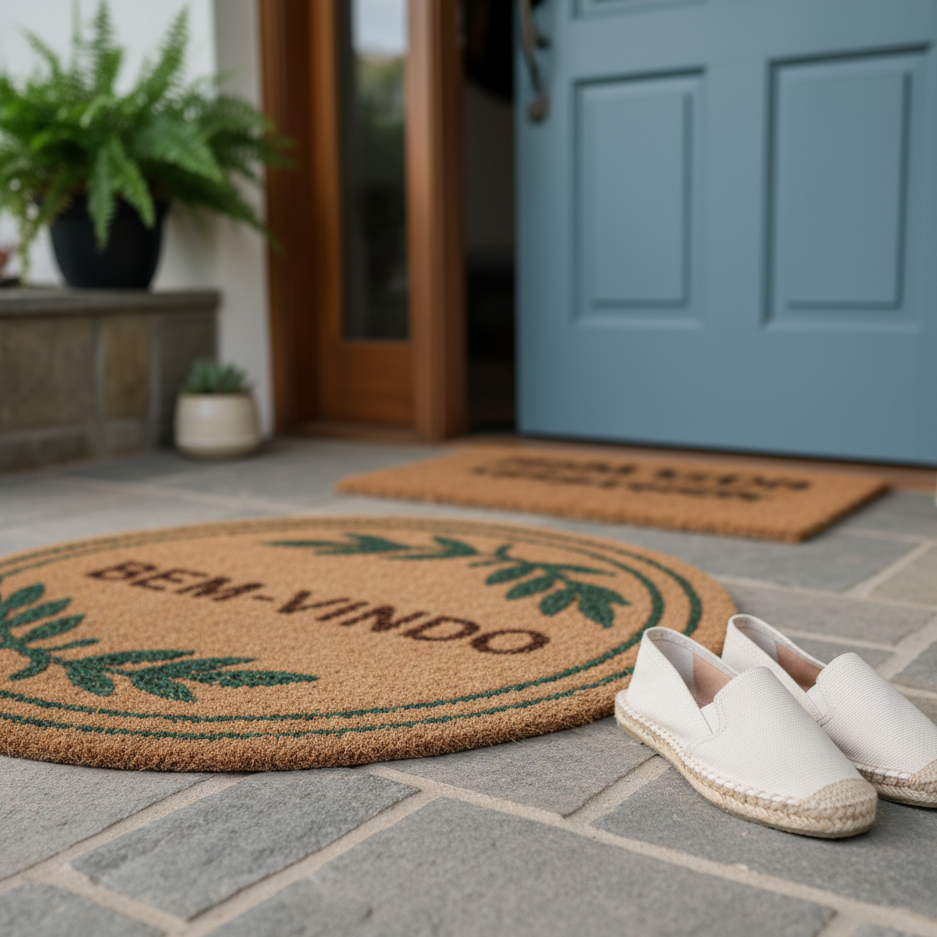 Sapatos deixados na entrada de casa, simbolizando o início do ritual de bem-estar no lar.