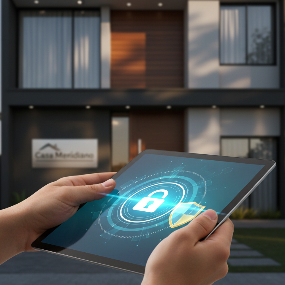 Uma pessoa segurando um tablet com um ícone de cadeado e escudo digital, simbolizando segurança e privacidade, com uma casa moderna e o logo "Casa Meridiano" ao fundo.