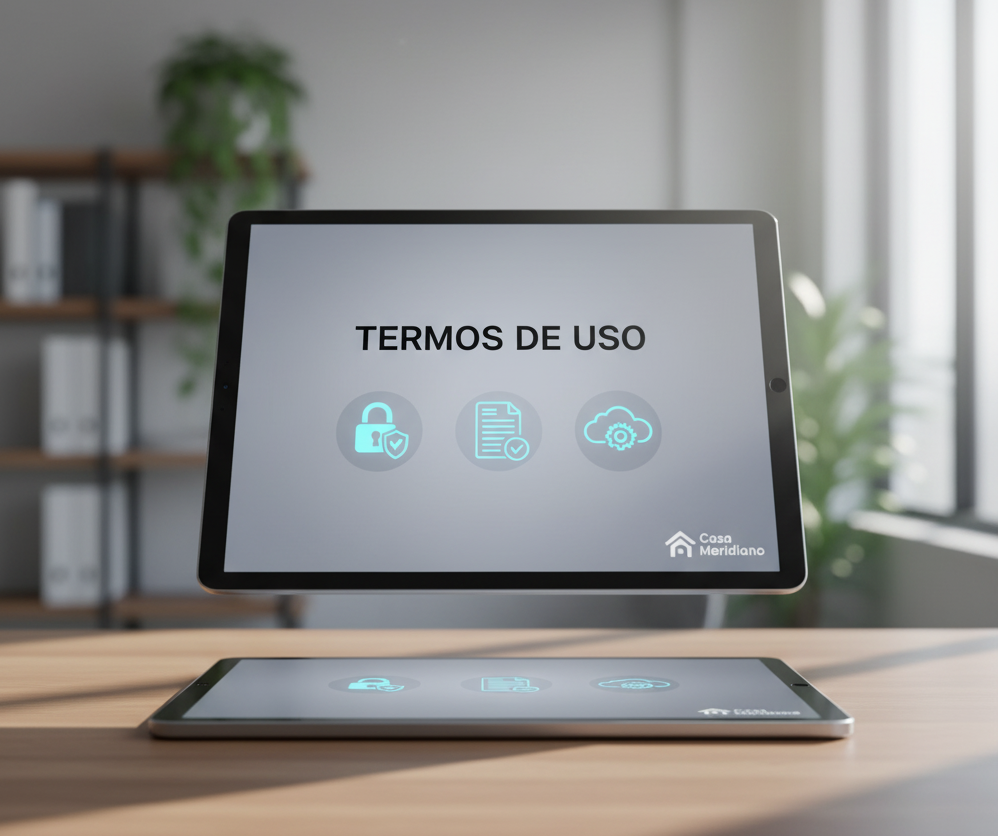 Dois tablets em uma mesa, um flutuando com a tela exibindo "TERMOS DE USO" e ícones de cadeado (privacidade), documento (acordo) e nuvem/engrenagem (dados/serviços), e o logo Casa Meridiano.