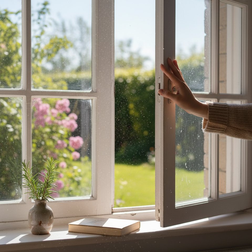 Mulher abrindo uma janela de madeira para deixar a luz do sol da primavera entrar em um cômodo claro e arejado.